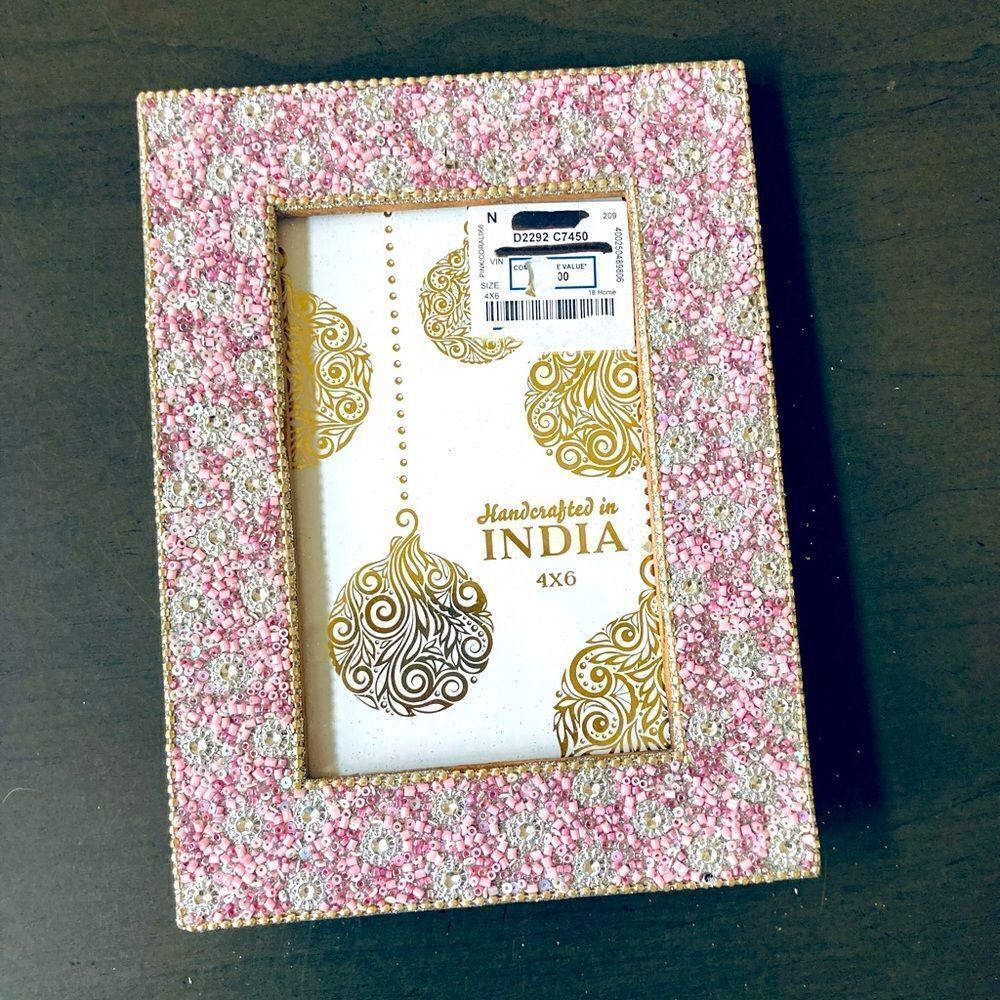 Handmade Pink Beaded Boho Wood Picture Frame